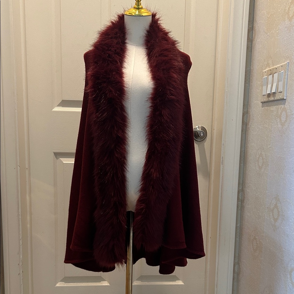 Elegant Burgundy Faux Fur Trim Cape / Vest